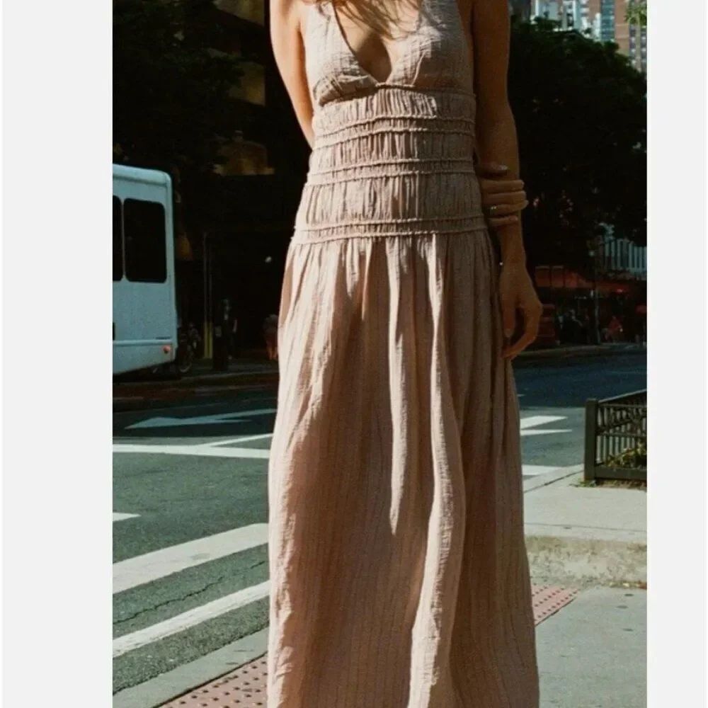 Zara Womens Textured Midi Dress Medium M Pink V-Neck Sleeveless 0881/369 NWT